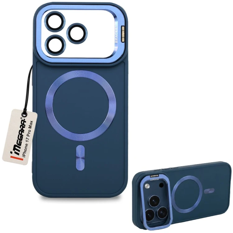 Granatowe etui Megara MagSafe do iPhone 17 Pro Max, widok z przodu ukazujący precyzyjne dopasowanie i elegancki design