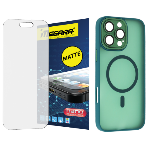 Szkło hybrydowe do iPhone 16 Pro Max MATOWE + MagSafe ETUI zielone TPU