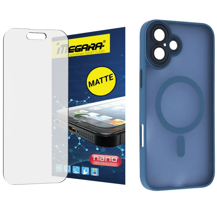 Szkło hybrydowe do iPhone 16 MATOWE + MagSafe ETUI niebieskie TPU