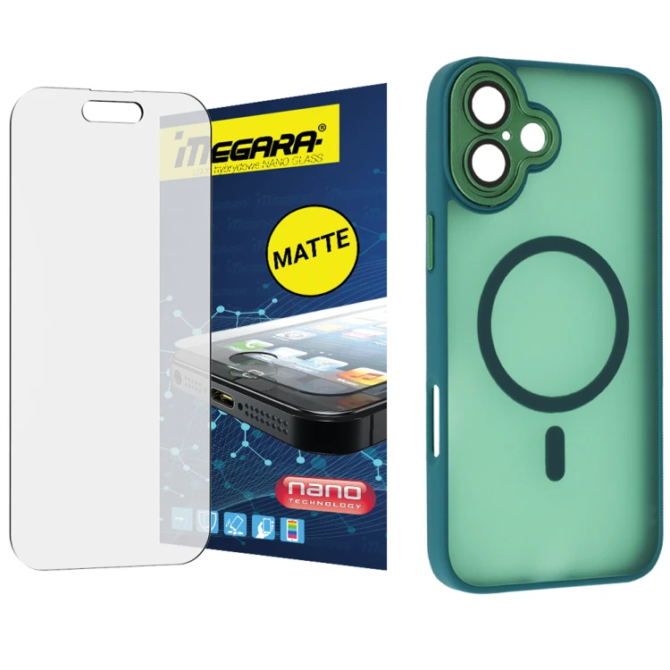 Szkło hybrydowe do iPhone 16 MATOWE + MagSafe ETUI zielone TPU