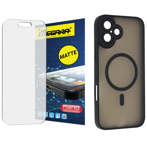 Szkło hybrydowe do iPhone 16 PLUS MATOWE + MagSafe ETUI czarne TPU