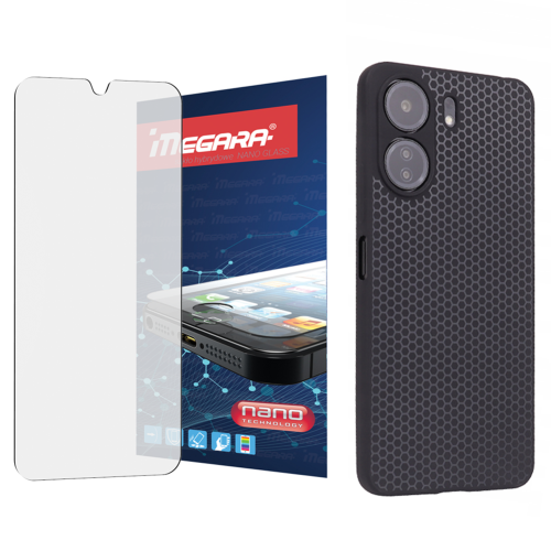 Szkło hybrydowe do POCO C65 - 6.74" + ETUI silikonowe czarne TPU MEGARA