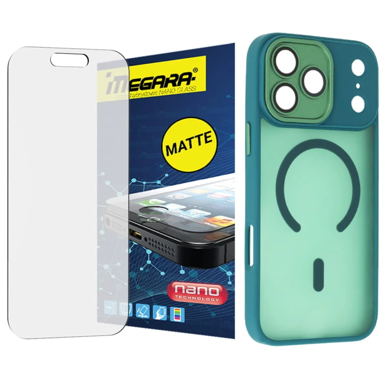Szkło hybrydowe do iPhone 17 Pro MATOWE + MagSafe ETUI zielone TPU