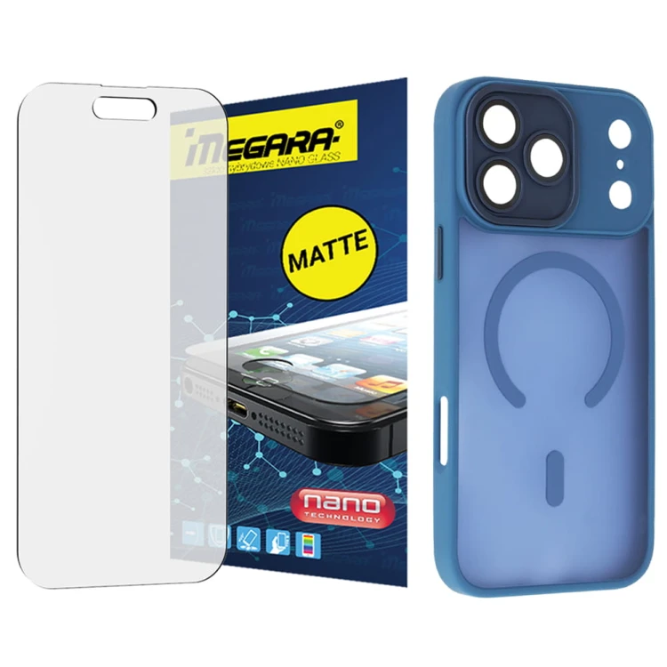 Szkło hybrydowe do iPhone 17 Pro Max MATOWE + MagSafe ETUI niebieskie TPU