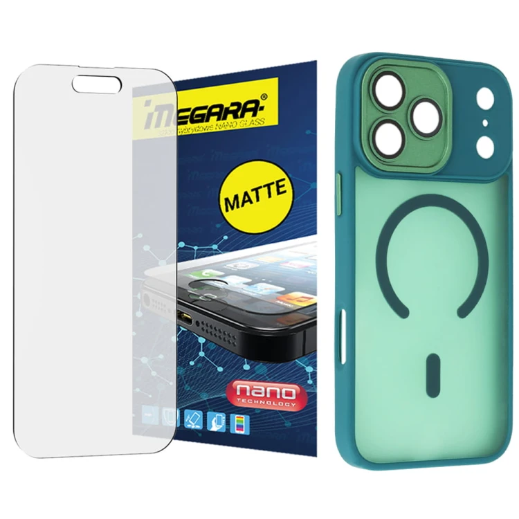 Szkło hybrydowe do iPhone 17 Pro Max MATOWE + MagSafe ETUI zielone TPU