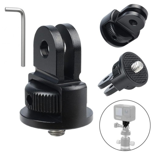 Czarny adapter statywowy Megara 1/4" do kamer sportowych GoPro, widok z przodu, solidna aluminiowa konstrukcja