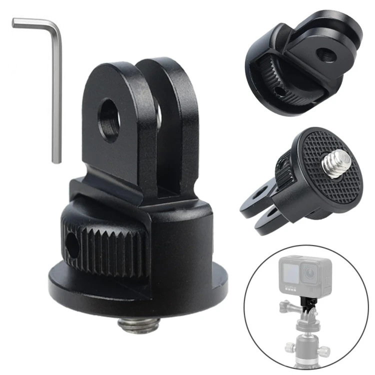 Czarny adapter statywowy Megara 1/4" do kamer sportowych GoPro, widok z przodu, solidna aluminiowa konstrukcja