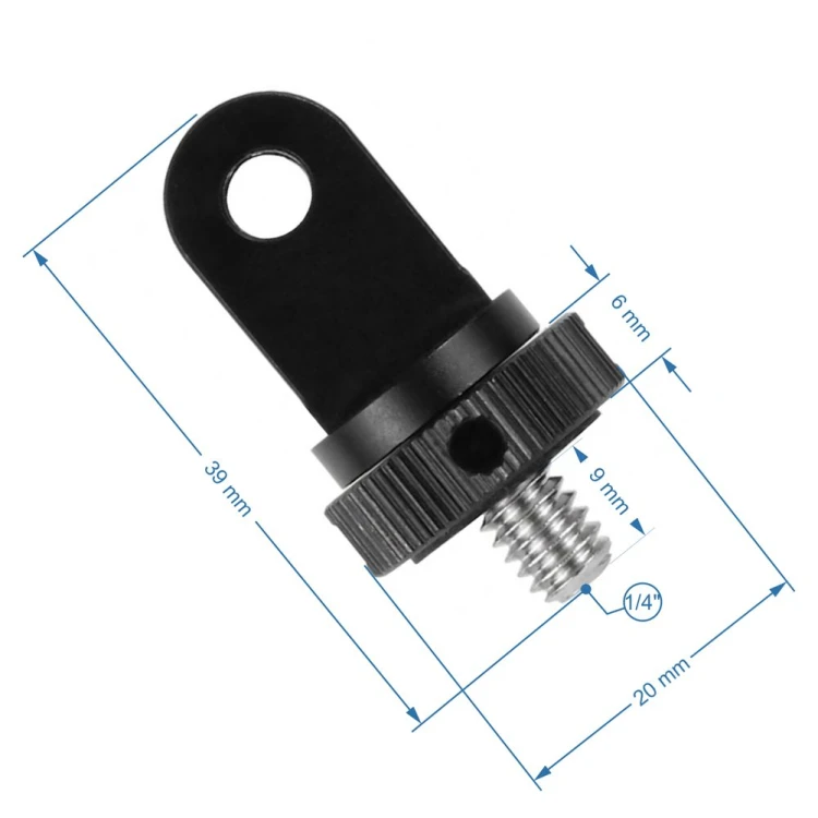 Aluminiowy adapter do statywu z gwintem 1/4" - precyzyjne wykonanie w kolorze czarnym, detal mocowania kamery GoPro