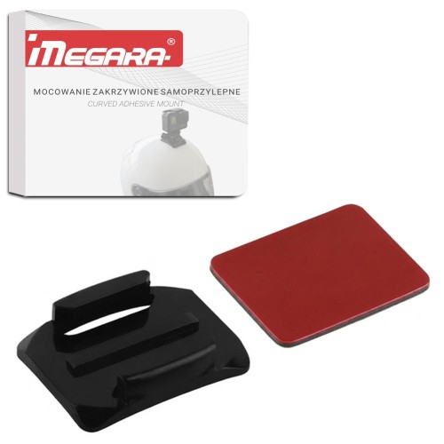 Mocowanie zakrzywione na kask do kamer sportowych Megara, widok główny produktu z taśmą adaptera, idealne do GoPro