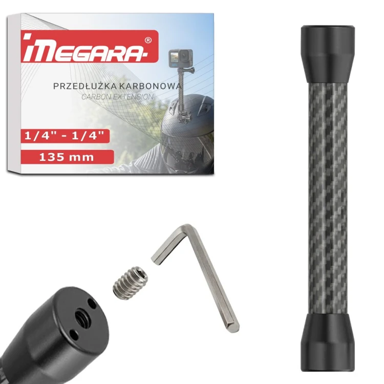 Przedłużka karbonowa 1/4" żeński na 1/4" żeński adapter do statywu 135 mm Megara - widok z przodu