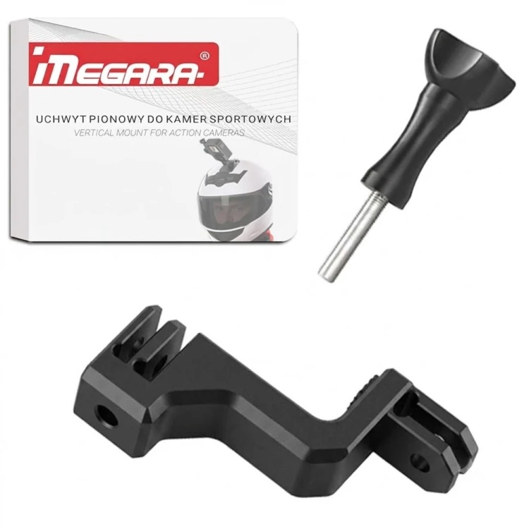 Czarny adapter kątowy 90 stopni Megara do kamer GoPro, idealny do pionowego nagrywania na kasku
