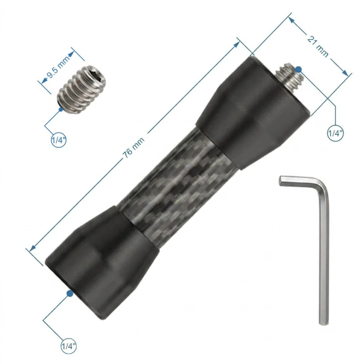 Detail gwintu 1/4" męskiego i żeńskiego przedłużki do statywów, z precyzyjnym skokiem gwintu 1.25 mm dla bezpiecznego montażu.