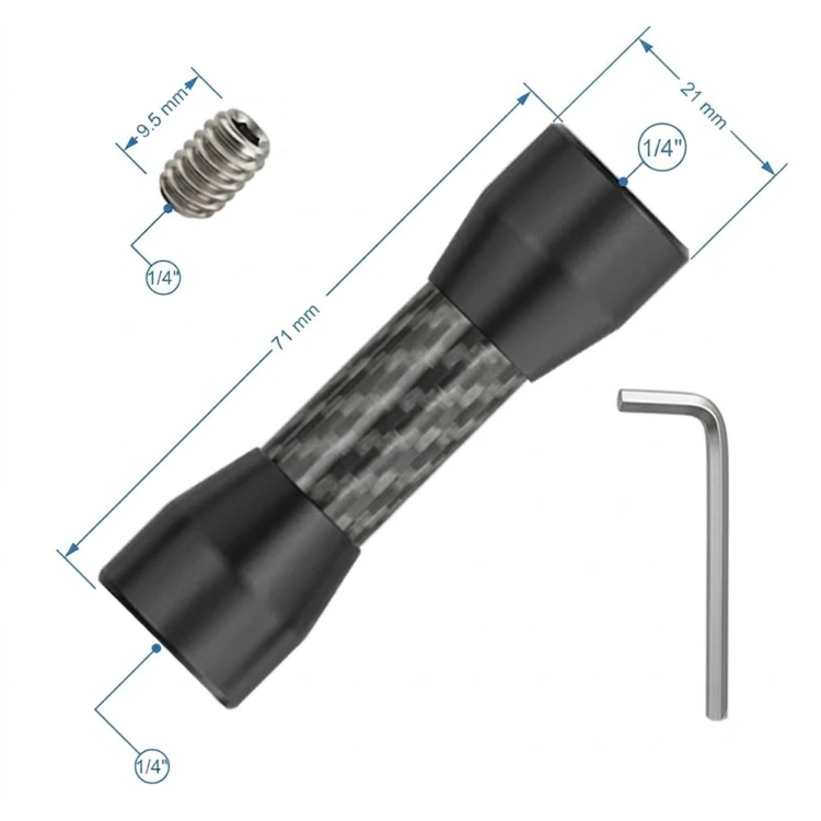 Adapter do statywu z karbonu o długości 71 mm, z precyzyjnym gwintem 1/4" i dodatkowym gwintem męskim w zestawie