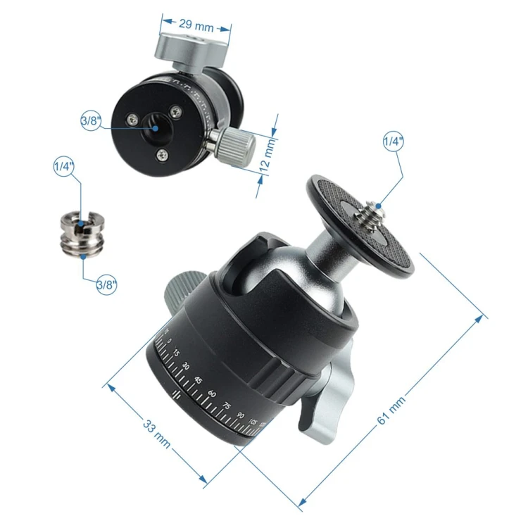 Adapter redukcyjny 3/8" na 1/4" do głowicy kulowej Megara, detal gwintu, zwiększający uniwersalność mocowania