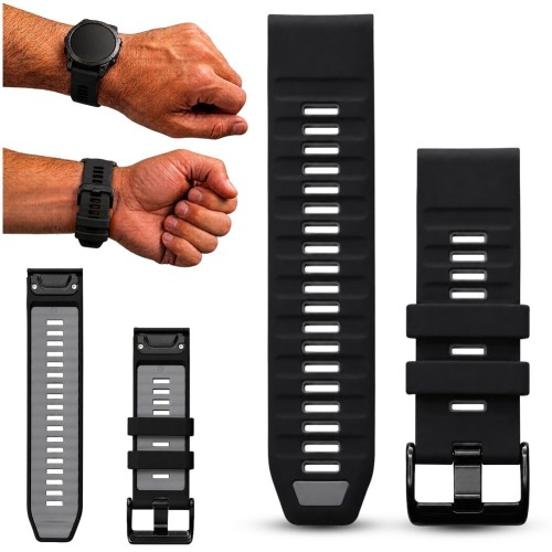 Pasek do zegarka Garmin QuickFit 26 mm, czarno-szary, widok z przodu. Sportowa opaska Megara z silikonu premium.
