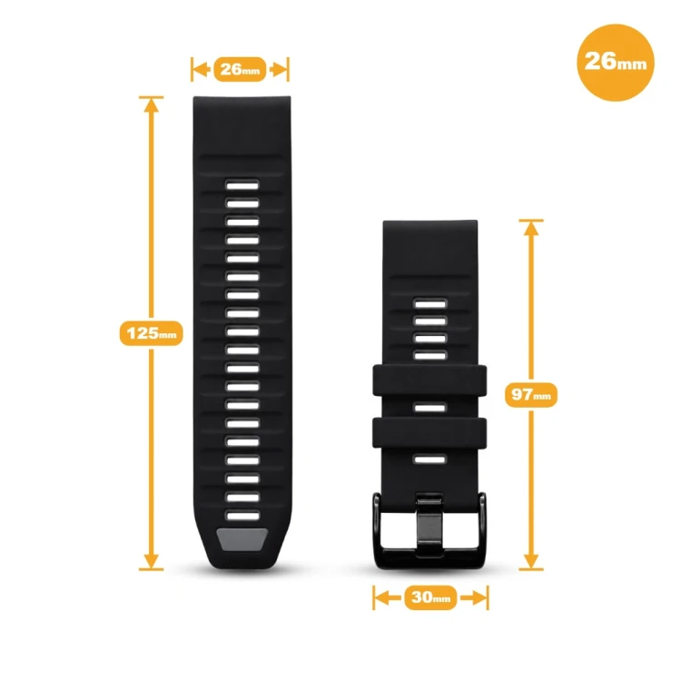 Detale zapięcia paska QuickFit 26 mm do zegarka Garmin Fenix 7X, czarna klamra szpilkowa i wytrzymały silikon.