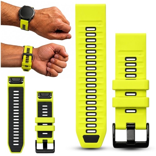 Pasek do zegarka Garmin QuickFit 26 mm w sportowym żółto-czarnym kolorze, widok z przodu, gotowy do szybkiego montażu
