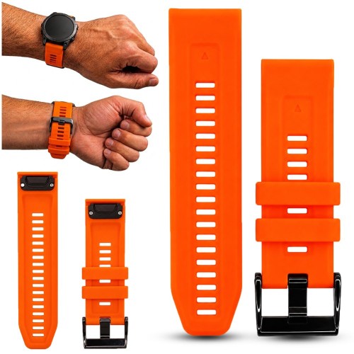 Pomarańczowy pasek do smartwatcha Garmin QuickFit 26 mm, widok z przodu, idealny do sportowych aktywności i codziennego użytku