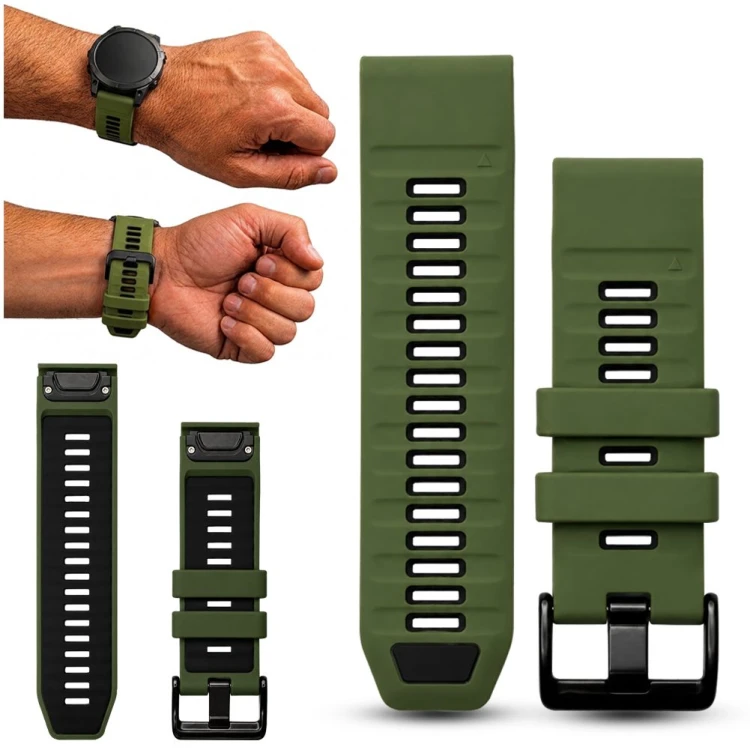 Zielony pasek do zegarka Garmin QuickFit 26 mm marki Megara, widok z przodu, idealny do sportowych smartwatchy
