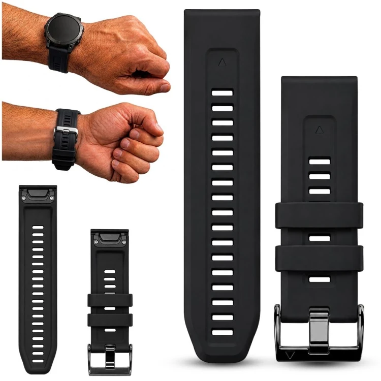 Pasek do zegarka Garmin QuickFit czarny 26 mm Megara, widok z przodu, idealny do sportowych aktywności i codziennego noszenia