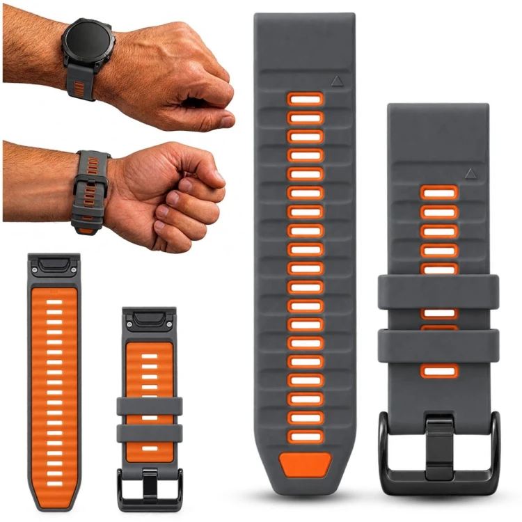 Szary pasek do zegarka Garmin QuickFit 26 mm, widok z przodu, prezentujący sportowy styl i wysoką jakość wykonania