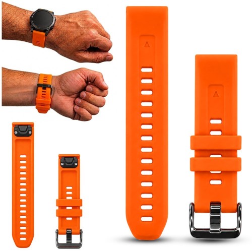 Pomarańczowy pasek do zegarka Garmin QuickFit 20 mm, widok z przodu, idealny do sportowych aktywności i codziennego użytku