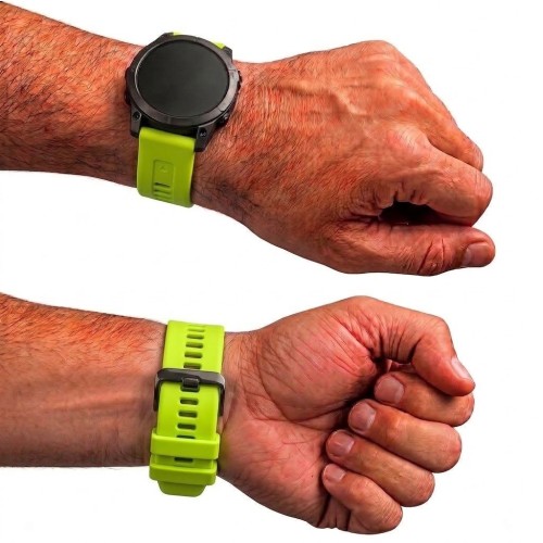 Opaska sportowa Megara QuickFit 20mm z silikonu premium w kolorze zielonym, prezentująca tradycyjną grafitową klamrę szpilkową