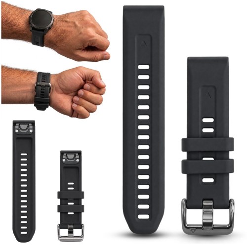 Czarny pasek do zegarka Garmin QuickFit 20 mm, widok z przodu, idealny dla aktywnych użytkowników smartwatchy