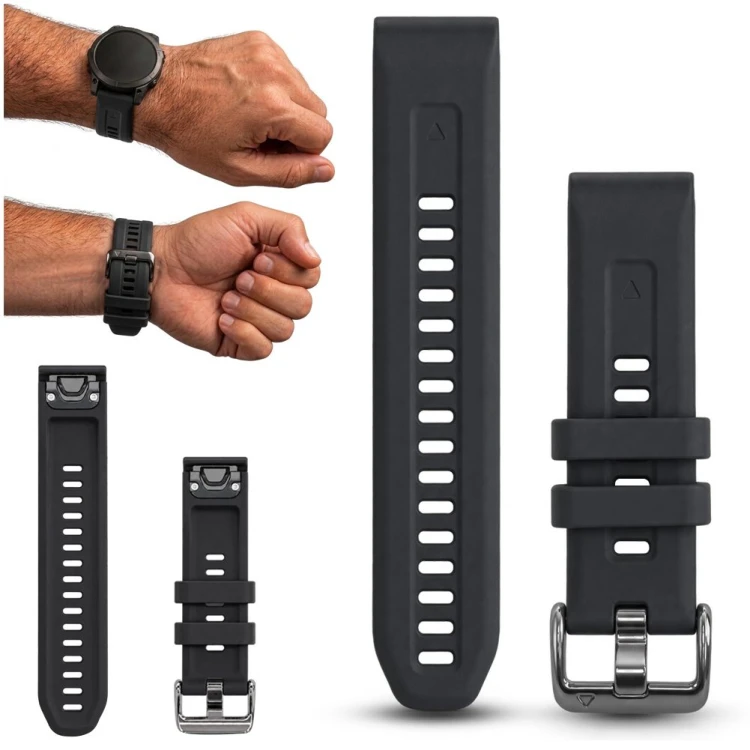 Czarny pasek do zegarka Garmin QuickFit 20 mm, widok z przodu, idealny dla aktywnych użytkowników smartwatchy