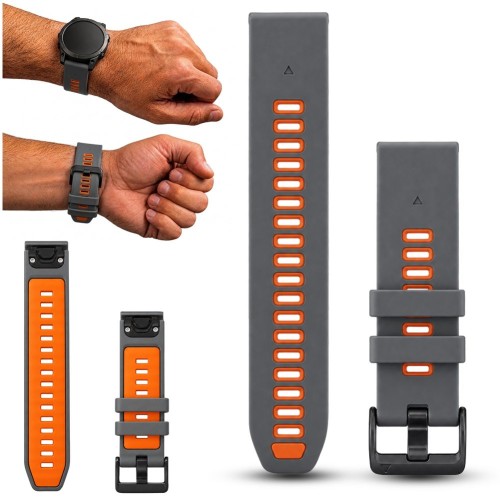 Pasek do zegarka Garmin QuickFit 20mm szaro-pomarańczowy, widok z przodu, idealny do sportowych smartwatchy