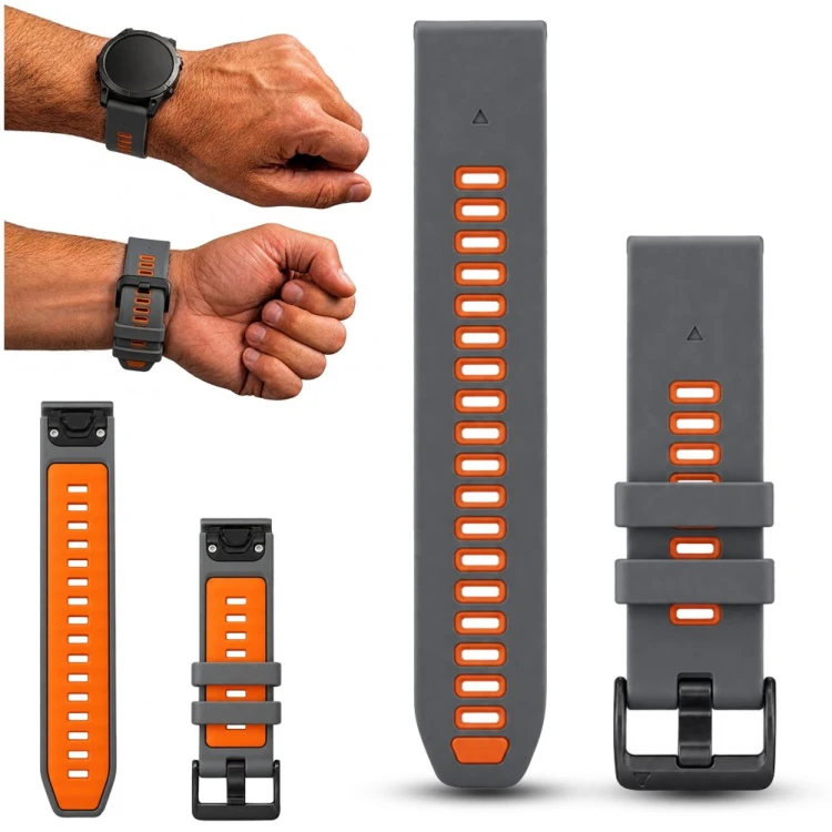 Pasek do zegarka Garmin QuickFit 20mm szaro-pomarańczowy, widok z przodu, idealny do sportowych smartwatchy