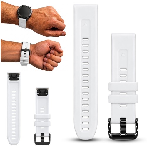 Biały pasek do zegarka Garmin QuickFit 20mm, widok z przodu, idealny do sportowych stylizacji, szybki montaż