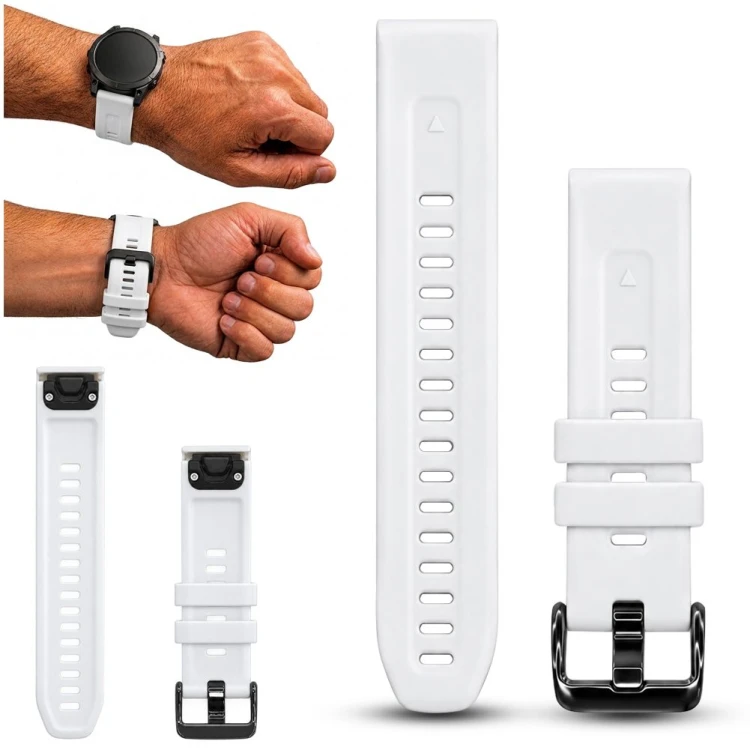 Biały pasek do zegarka Garmin QuickFit 20mm, widok z przodu, idealny do sportowych stylizacji, szybki montaż