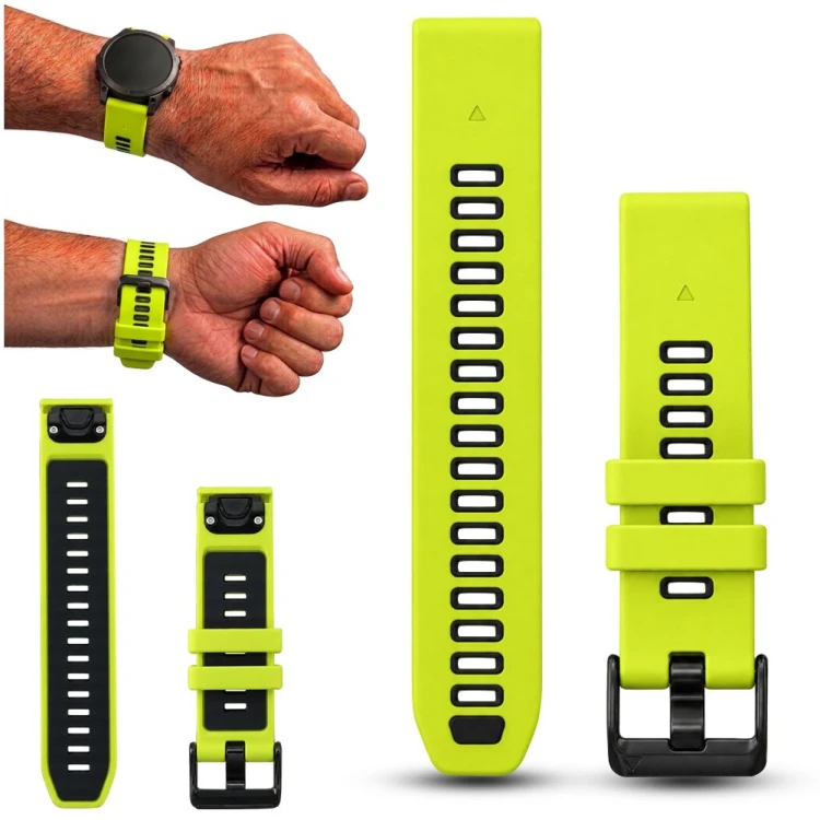 Pasek do zegarka Garmin QuickFit 20 mm w sportowym żółtym kolorze, widok z przodu, idealny do smartwatchy