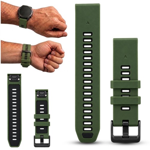 Zielony pasek do zegarka Garmin QuickFit 20mm, widok z przodu. Sportowa opaska Megara z silikonu premium, idealna do smartwatcha