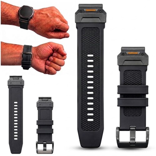 Czarny pasek do zegarka Garmin QuickFit 22mm, widok z przodu, idealny do modeli Fenix 7 i Epix Gen 2, zapewnia komfort noszenia