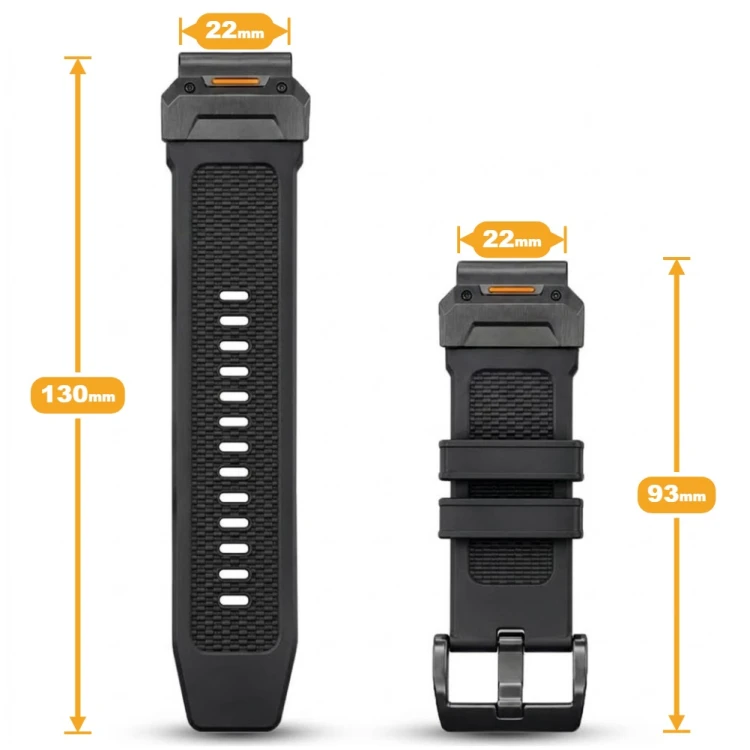 Detale mocowania QuickFit 22mm czarnej gumowej bransolety do zegarków Garmin, szybki montaż bez narzędzi, styl militarny