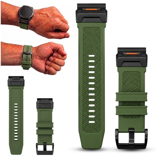 Zielony pasek do zegarka Garmin QuickFit 26 mm, widok z przodu, idealny dla aktywnych użytkowników smartwatchy