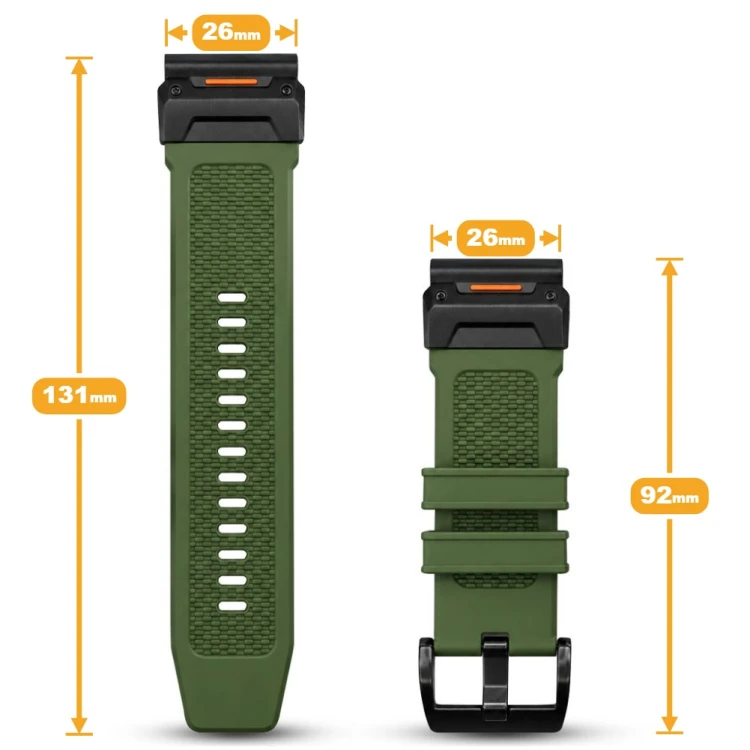 Detal czarnej klamry szpilkowej w militarnym stylu, precyzyjne zapięcie zielonego paska do smartwatcha Garmin