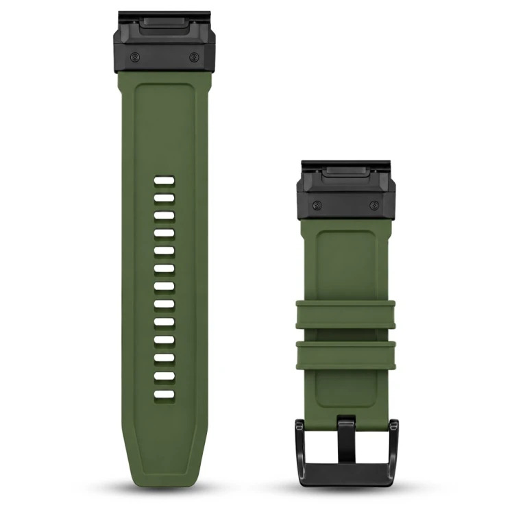 Pasek QuickFit 26 mm do zegarka Garmin w kolorze zielonym, prezentujący system mocowania ułatwiający błyskawiczny montaż
