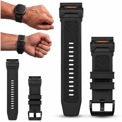 Czarny pasek do zegarka Garmin QuickFit 26 mm, widok z przodu, idealny zamiennik do smartwatcha