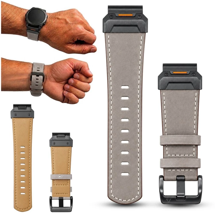 Pasek do zegarka Garmin QuickFit 22 mm, szara skóra naturalna premium, widok z przodu