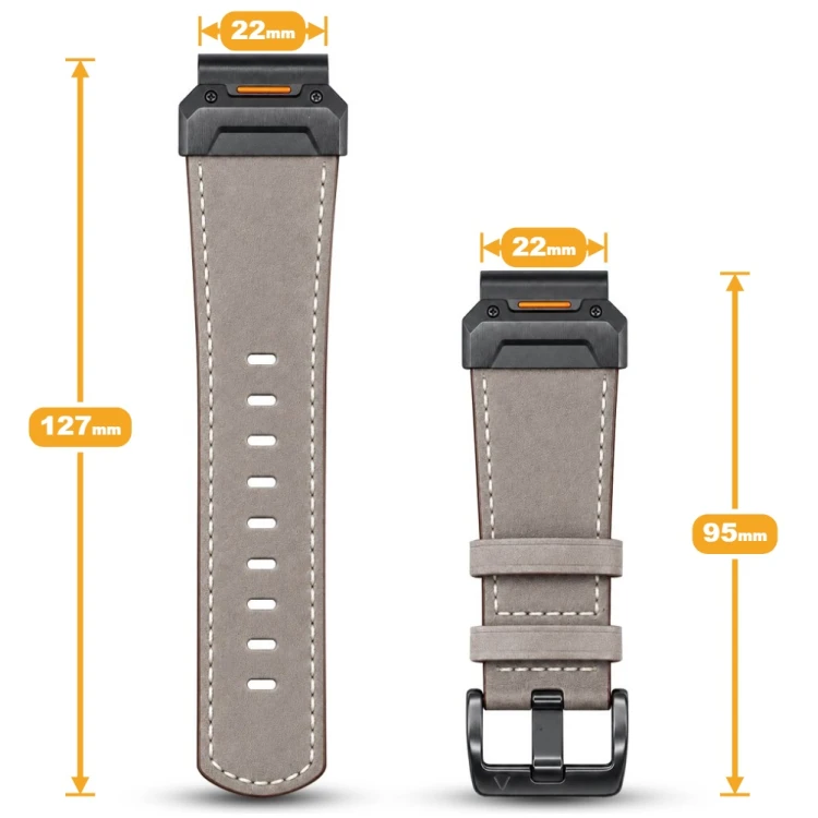 Szary pasek QuickFit do smartwatcha Garmin Fenix, precyzyjne przeszycia i czarna klamra, detal zapięcia