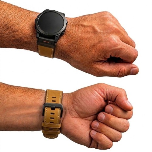 Wytrzymała bransoleta do zegarka Garmin ze skóry naturalnej premium, brązowa, z czarną klamrą szpilkową
