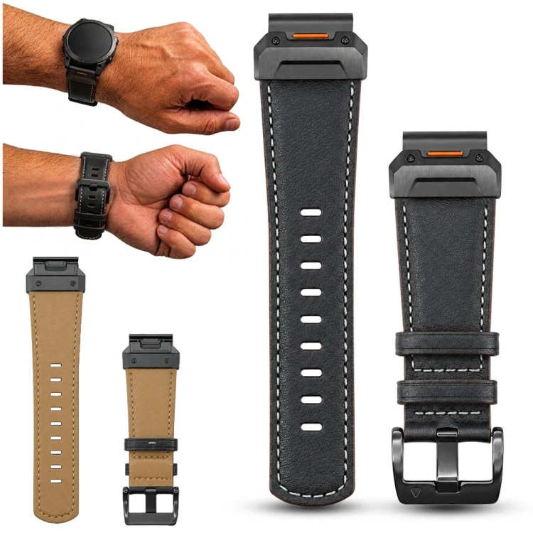 Czarny pasek do smartwatcha Garmin QuickFit 22 mm, wykonany ze skóry naturalnej, widok z przodu na elegancki design