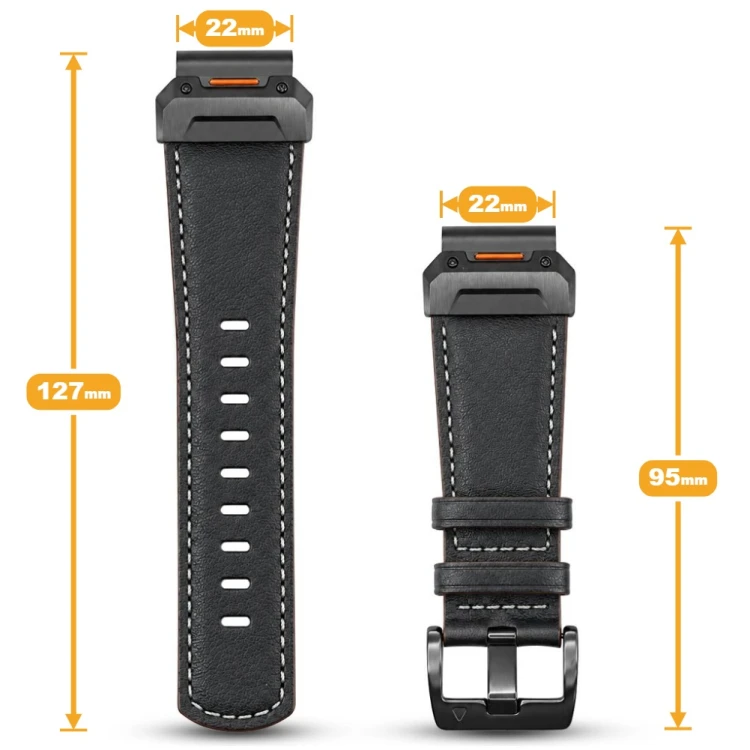 Detale mocowania QuickFit 22mm brązowe przeszycia na czarnej skórze naturalnej, podkreślające jakość wykonania i dopasowanie