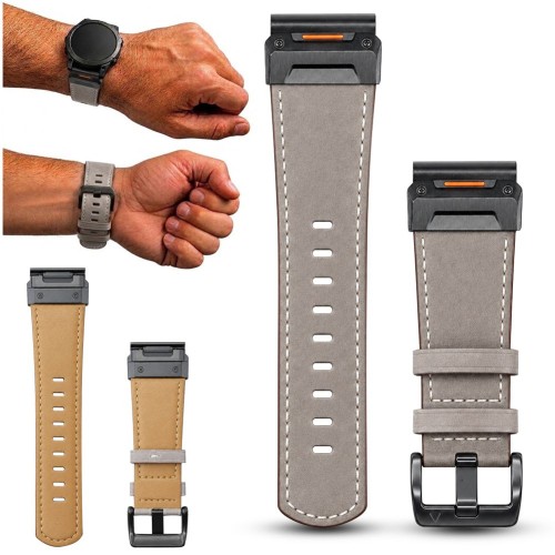 Elegancki pasek do zegarka Garmin QuickFit 26 mm, szara skóra naturalna, widok z przodu, idealny do smartwatcha
