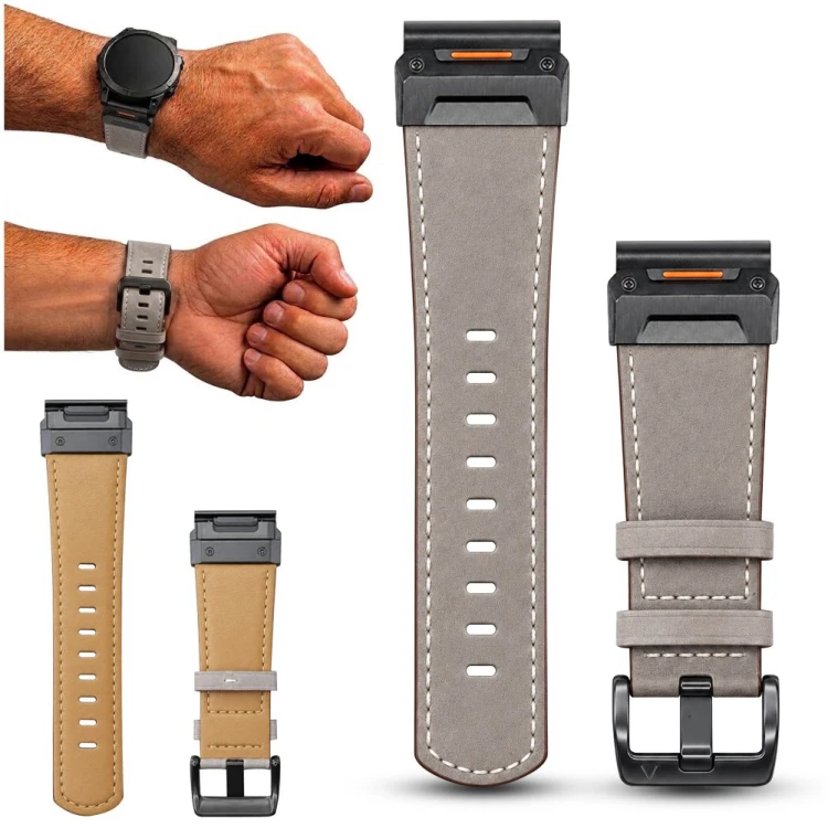 Elegancki pasek do zegarka Garmin QuickFit 26 mm, szara skóra naturalna, widok z przodu, idealny do smartwatcha