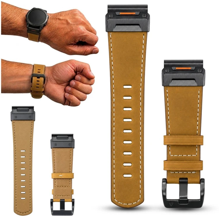Pasek do smartwatcha Garmin QuickFit 26 mm, skóra naturalna brązowa, widok z przodu, eleganckie akcesorium do zegarka