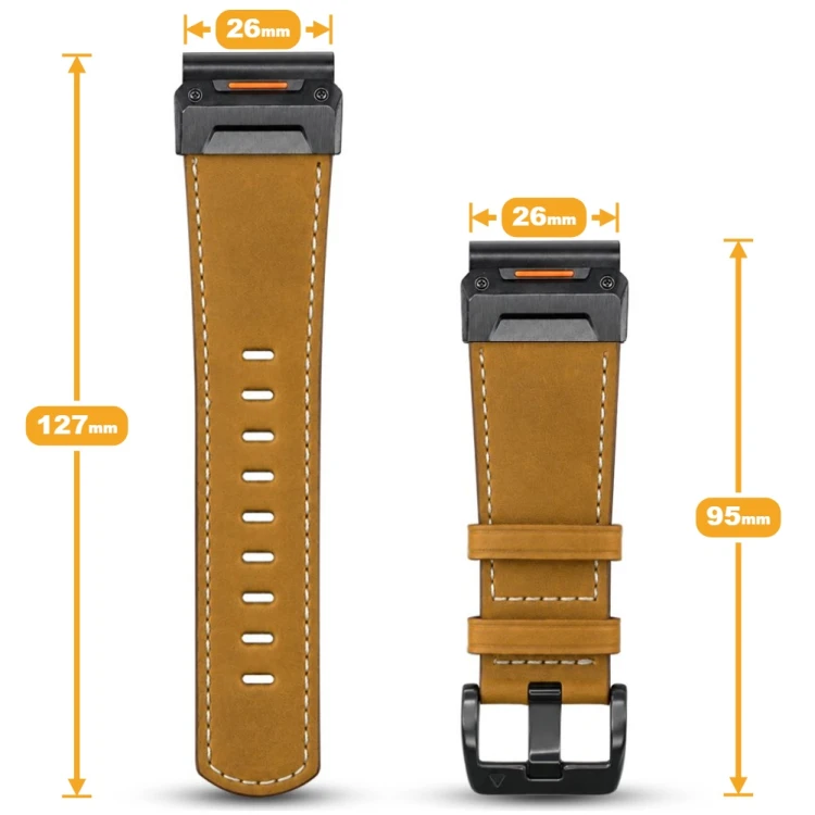 Elegancki brązowy pasek QuickFit 26 mm, z detalami czarnej klamry szpilkowej, idealne uzupełnienie Twojego Garmin Fenix
